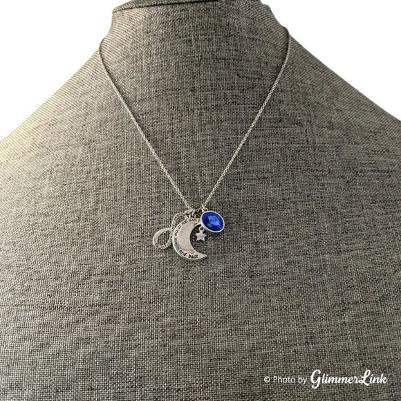 Silver Tone Crescent Moon Infinity & Blue Rhinestone Charms Necklace - Picture 3 of 6